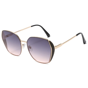 Fashionable geometric metal sunglasses with gradient purple lenses in a stylish cat-eye frame