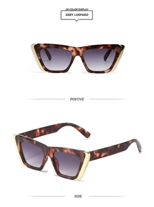 Detail of cat eye sunglasses featuring leopard print frames and golden V-shaped metal accents