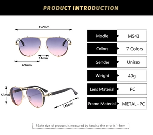 Detailed size specifications for pilot sunglasses featuring pink gradient lenses and gold frame