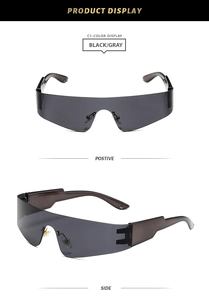 Front and side views of Y2K rimless shield sunglasses in translucent black and gray