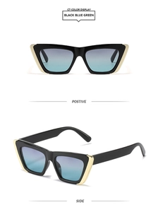 Detailed front and side view of cat-eye sunglasses with blue-green gradient lenses