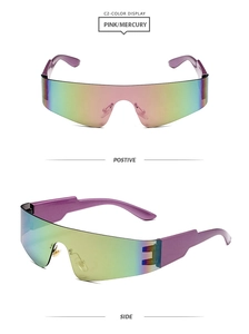 Front and side views of Y2K rimless sunglasses with pink mercury lens and purple frame