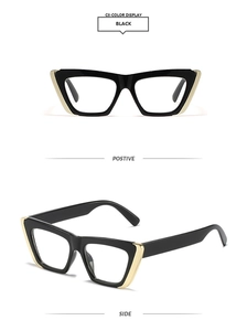 Detailed front and side views of black cat-eye eyeglass frames with gold accents