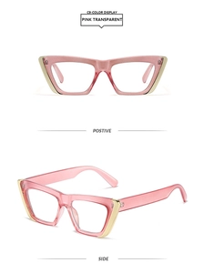 Detailed front and side views of pink cat-eye frames with golden metal accents