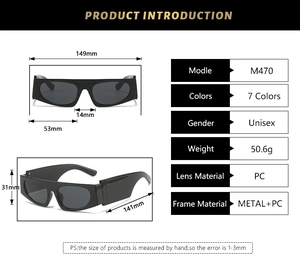 Spécifications détaillées des dimensions pour ces lunettes de soleil carrées modernes