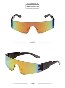 Detail of Y2K rimless sunglasses with orange mercury gradient lenses and grey temples