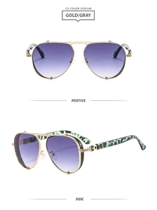 Detail of pilot sunglasses with gold metal frame and purple gradient lenses from two angles