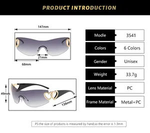 Detailed size specifications for Y2K heart sunglasses including frame width and lens height