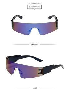 Front and side view of Y2K rimless sunglasses with blue and purple gradient mirror lenses