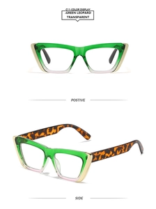 Detail of cat-eye sunglasses with translucent green frame and leopard print temples