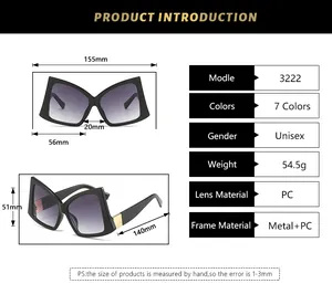 Detailed size chart for oversized butterfly sunglasses with precise frame measurements