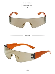 Detailed front and side view of futuristic Y2K shield sunglasses with orange temples