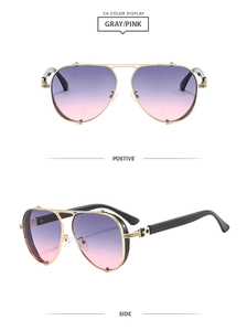 Detail of gold metal aviator sunglasses with gradient lenses and side leather texture