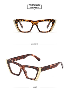Detail of grey leopard transparent cat eye frames with golden metal accents and clear lenses