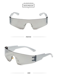 Macro view of C6 frameless Y2K sunglasses with white temples and mercury lenses