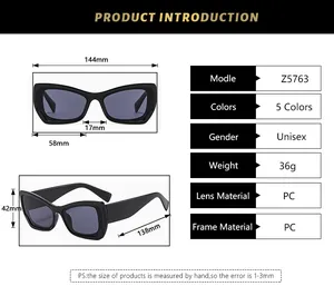 Detailed sizing chart and specifications for Y2K geometric cat-eye sunglasses model Z5763