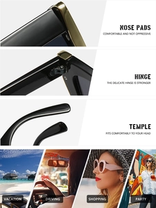 Detailed views of cat-eye sunglasses featuring anti-slip pads and reinforced metal hinges