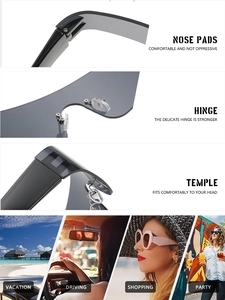 Detail view of ergonomic nose pads, durable hinges and temples on Y2K rimless sunglasses