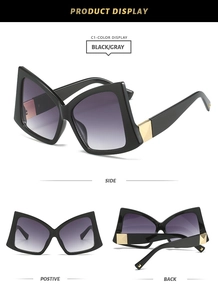 Detailed multi-angle views of oversized butterfly sunglasses with gold accents