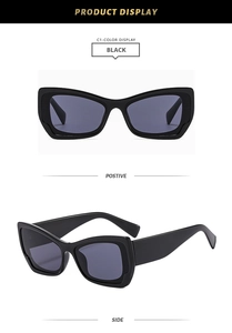 Detail view of black geometric Y2K sunglasses showing front and side profile perspectives