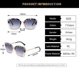 Detailed technical diagram of square frame sunglasses with frame measurements and weights