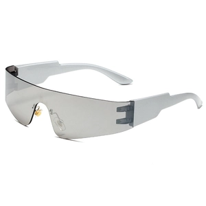 Y2K rimless wrap around sunglasses with futuristic silver frame and grey shield lens