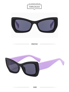 Detail view of butterfly cat eye sunglasses in purple and black from front and side angles