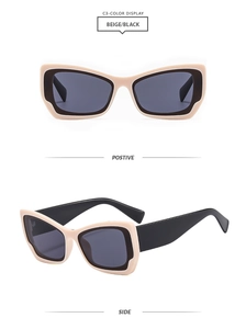Detailed view of beige and black cat-eye Y2K sunglasses from front and side angles