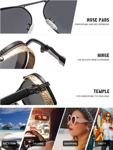 Detail of aviator sunglasses featuring reinforced hinges and golden embossed pattern on temples