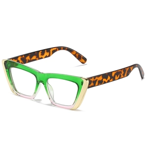 Cat eye glasses featuring green to pink gradient frames and tortoiseshell temples