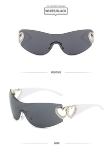 Y2K rimless sports sunglasses with white frames and silver double heart metal details