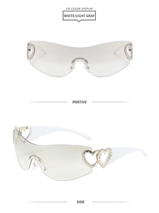 White Y2K rimless sunglasses featuring unique interlocking heart metal temple details