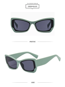 Front and side view of avant-garde Y2K cat-eye sunglasses in mint green and black