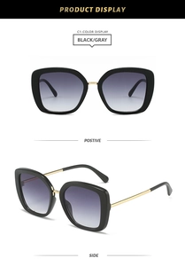 Detail view of square black sunglasses with slim gold metal temples from side and front