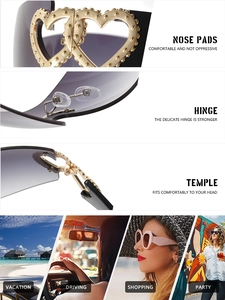 Detail view of Y2K heart sunglasses showing nose pads, hinge, and purple gradient lenses