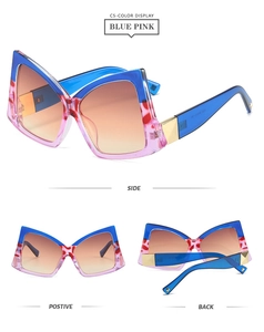 Detailed views of butterfly sunglasses with blue pink leopard frame and metal hinges