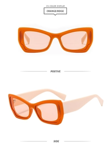 Detail view of orange and beige cat-eye sunglasses with semi-transparent tinted lenses
