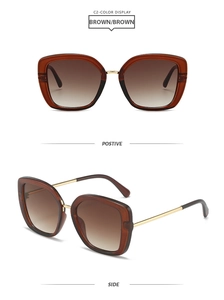 Detailed front and side views of square tortoiseshell sunglasses with gold metal temples