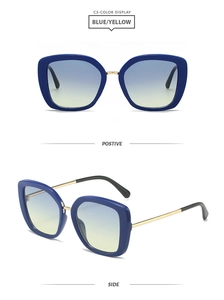 Front and side view of square luxury sunglasses with blue frames and gold metal temples