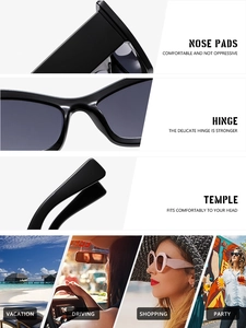 Detailed views of Y2K sunglasses with nose pads, hinges and versatile usage scenarios