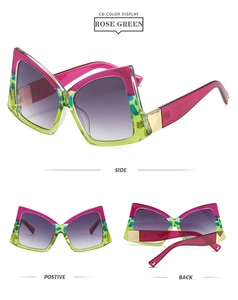 Three-angle detail of rose green oversized geometric sunglasses with purple gradient lenses
