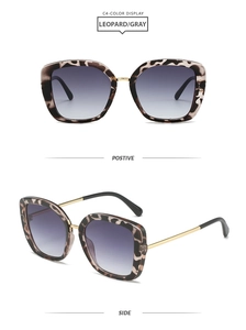 Macro detail of leopard square sunglasses with gold metal hinges and gradient lenses
