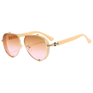 Golden metal aviator sunglasses with orange pink gradient lenses and embossed frames