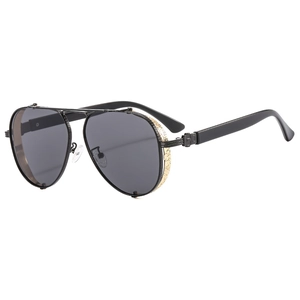 Modern oversized metal aviator sunglasses with black frames and gold embossed side detailing