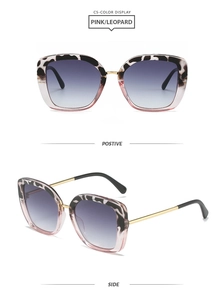 Detailed front and side views of square two-tone sunglasses with leopard and pink frames