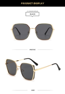 Vorder- und Seitenansicht der eckigen Metall-Sonnenbrille mit dunklen Gläsern und Goldrahmen