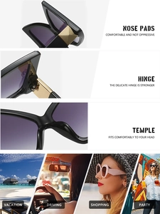 Macro details of reinforced hinges and comfortable nose pads on oversized fashion sunglasses