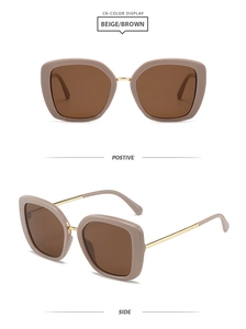 Detailed front and side views of beige square frame sunglasses with golden hinges