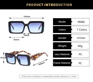Detailed dimension guide for square sunglasses featuring tortoiseshell temples and blue lenses