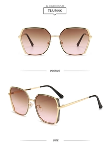 Detailansicht der quadratischen Metall-Sonnenbrille mit Gläsern in Tee-Rosa-Verlauf